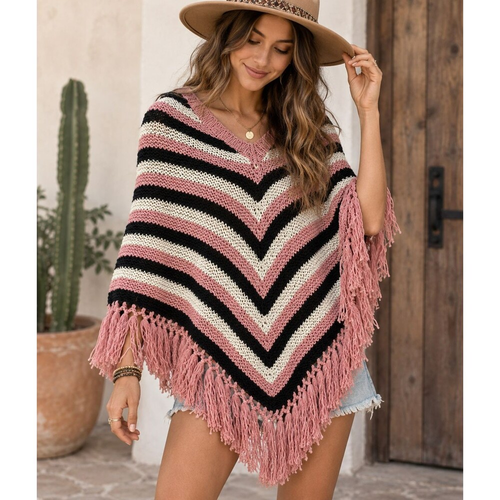 Striped Fringe Poncho Caslon Multi-Color Color Medium